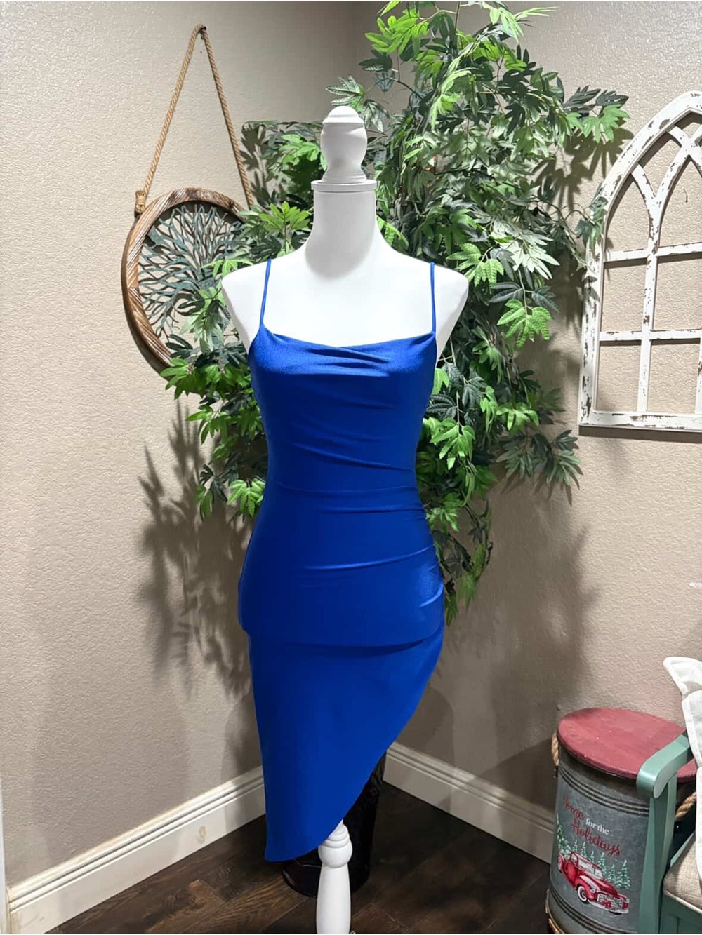 Cobalt Blue Spaghetti Strap Asymmetric Dress